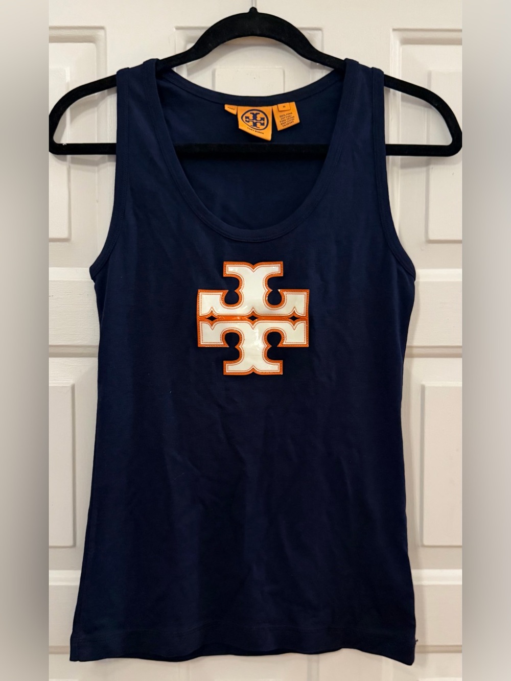 Tory Burch Navy Pima Cotton Tank Top with Contrast Faux Leather Logo Patch
